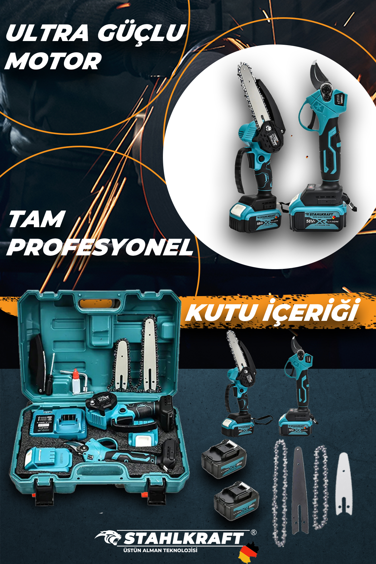 STAHLKRAFT STH 9980 M 2 Li Set 58Vf Makas & Akülü Dal Budama Testeresi 2 pala 2 zincir Şarjlı