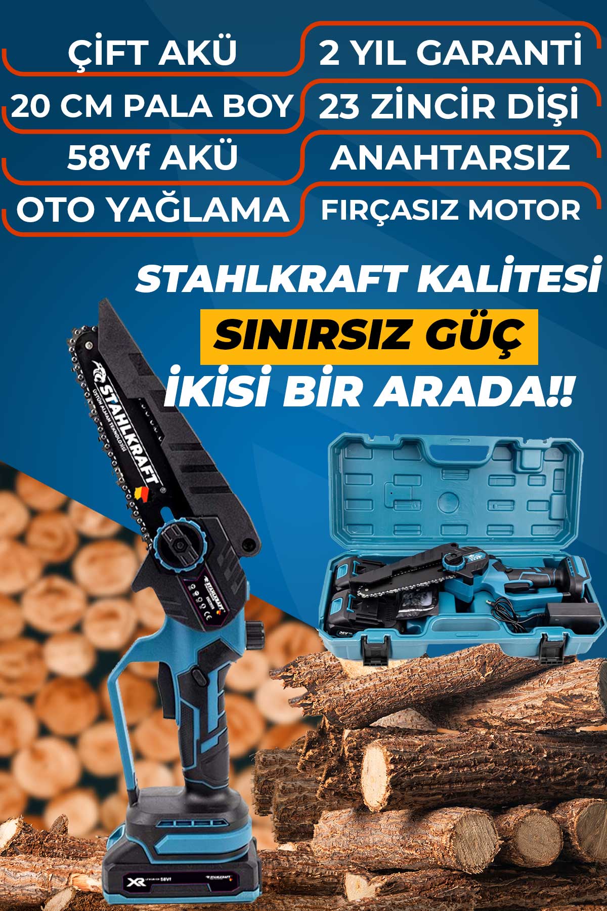 STAHLKRAFT STH 6322 58Vf Otomatik Yağlı 20 cm Pala Akülü Dal Budama Testeresi