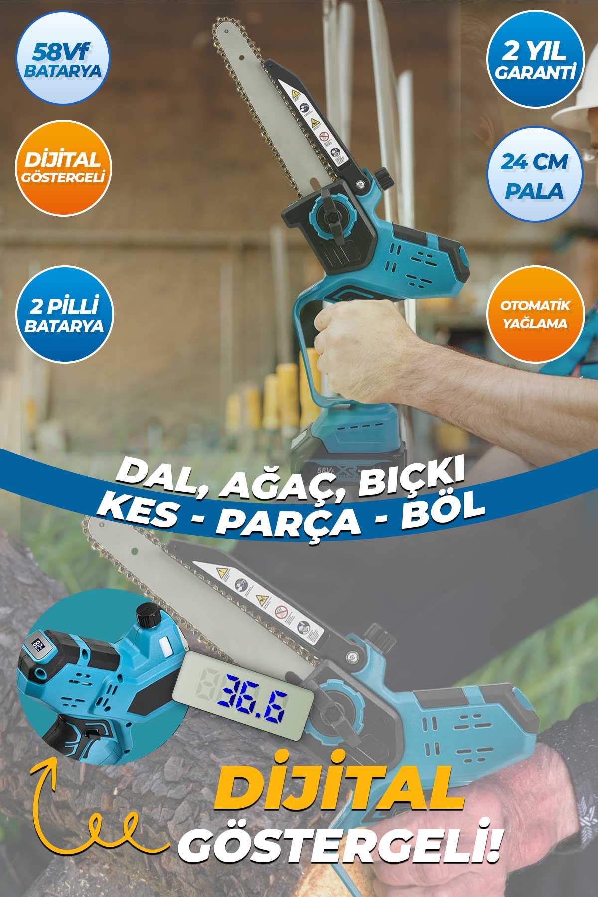 STAHLKRAFT STH 6324 58Vf Dijital Kömürsüz Oto. Yağlı 24 cm Pala Akülü Dal Budama Testeresi