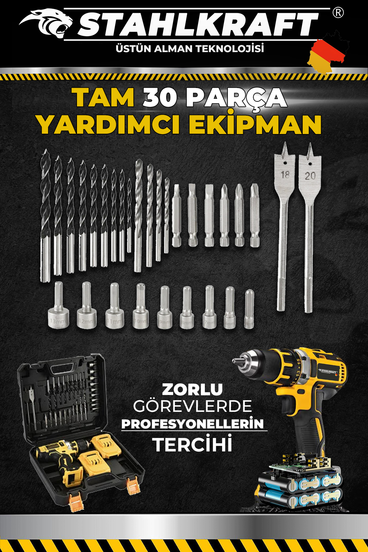 STAHLKRAFT STH 9182 S 58Vf Çelik Mandren Çift Akülü Li-ion Bataryalı Matkap 30 Parça Hediyeli