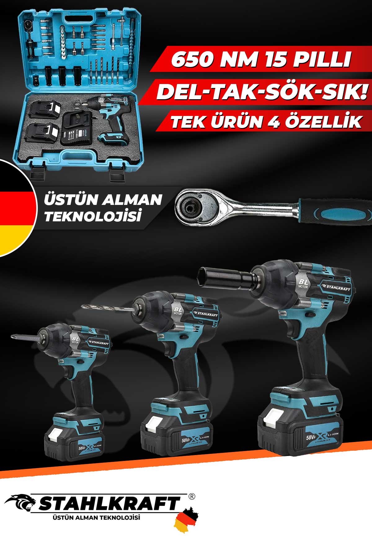 STAHLKRAFT STH 9280 Plus 700 Nm 58Vf 15 pil Akülü Kömürsüz Yüksek Tork Somun Sökme