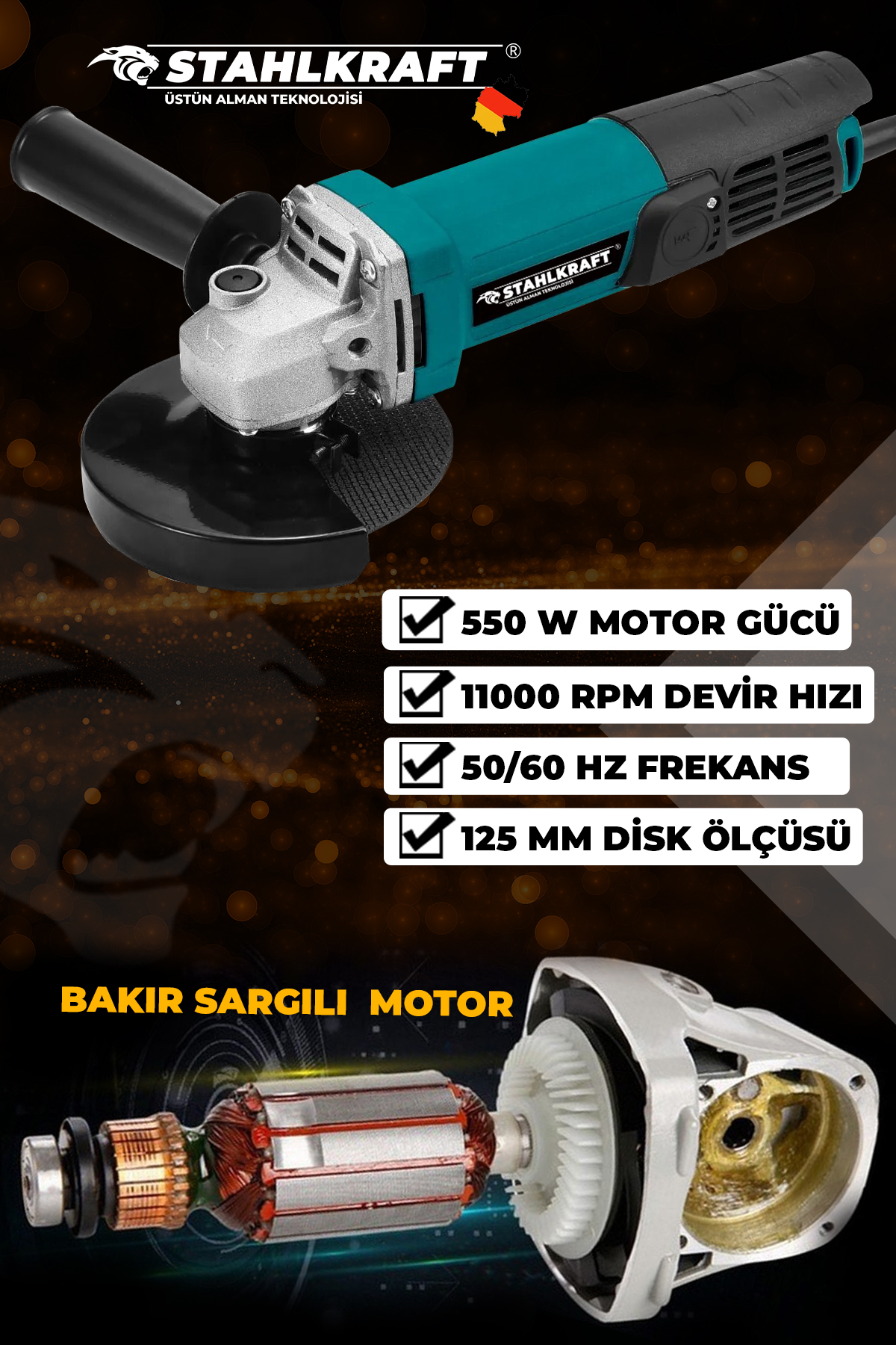 STAHLKRAFT STH 9849 550 W 125 Mm Bakır Sargılı Spiral Avuç Içi Taşlama